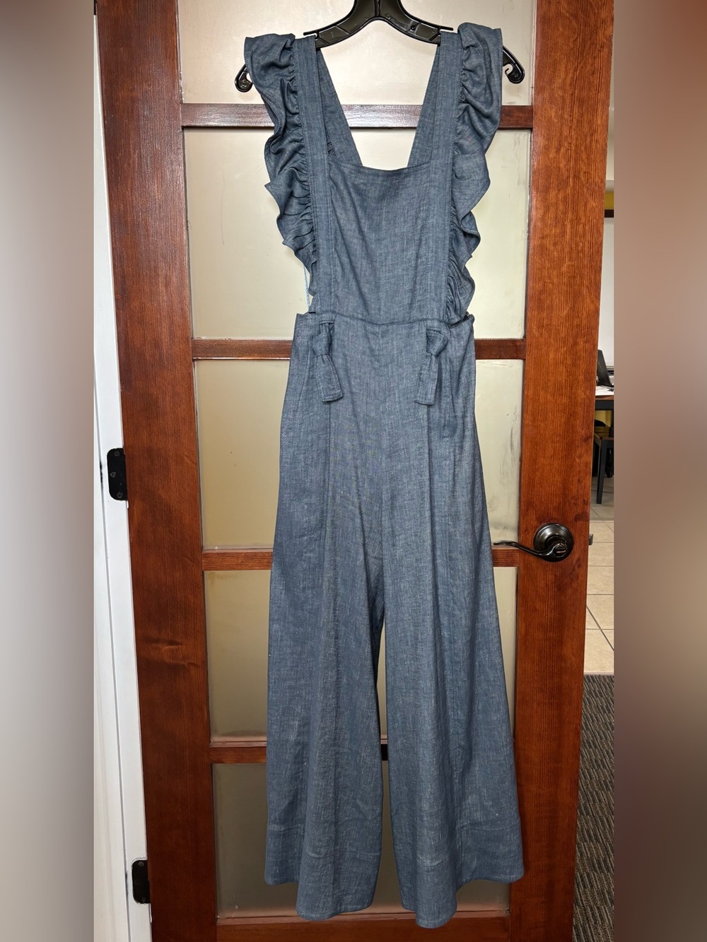 AMUR Chambray Ruffle-Shoulder Wide-Leg Jumpsuit - Blue